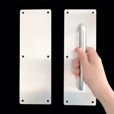 304 Stainless Steel Door Handle Set With Push And Pull Plates Tough As Nails Heavy Duty Door Hardware Kit Includes Backing Plates Screws And Driver, hand holding pull plate