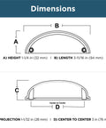 Dimensions of Champagne Bronze 3 Inch Cup Pull Cabinet Handles Set Of 10 For Cabinets And Dressers, 76mm, showing height, length, projection, and center to center measurements.