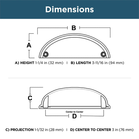 Dimensions of Champagne Bronze 3 Inch Cup Pull Cabinet Handles Set Of 10 For Cabinets And Dressers, 76mm, showing height, length, projection, and center to center measurements.
