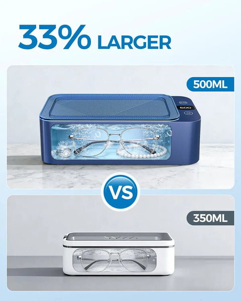 Comparison of Heavy Hitter Ultrasonic Jewelry Cleaner With Triple Frequency Waves, 500ml blue model vs 350ml white model.