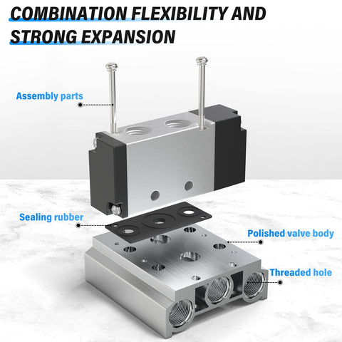 Exploded view of Pneumatic 200M Two Position Manifold Base For 4V210 4V220 4V230 Solenoid Valves highlighting parts.