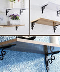 Rock Solid Cast Iron Corner Shelf Brackets Heavy Duty Wall Mount Support For Kitchen Bookcases And Garden Displays Decorative Triangular Diy Brackets. Black decorative brackets supporting wooden shelves with plants and photo frames.