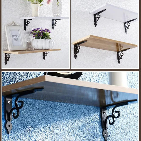 Rock Solid Cast Iron Corner Shelf Brackets Heavy Duty Wall Mount Support For Kitchen Bookcases And Garden Displays Decorative Triangular Diy Brackets. Black decorative brackets supporting wooden shelves with plants and photo frames.