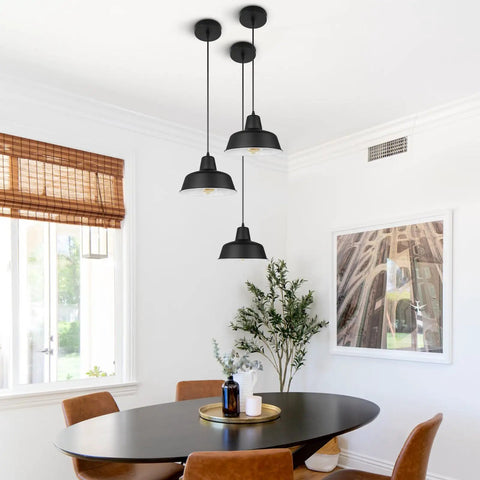 Black Industrial Pendant Lights Set Of 3 Modern Farmhouse Ceiling Fixtures in dining room with table and chairs