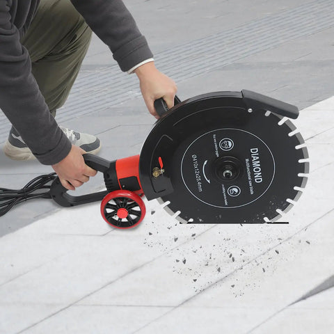 Heavy Grit High Output Electric Concrete Saw With 16 Inch Diamond Blade For Wet Dry Setup cutting through concrete slabs.