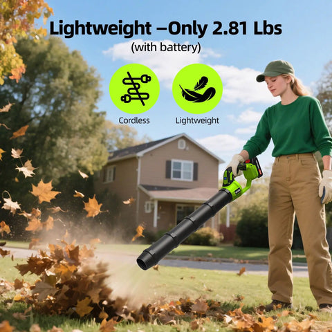 Person using Cordless Leaf Blower With Three 21V Batteries And Fast Charger For Continuous Power Variable Speed Lightweight Handheld Beast for yard cleanup