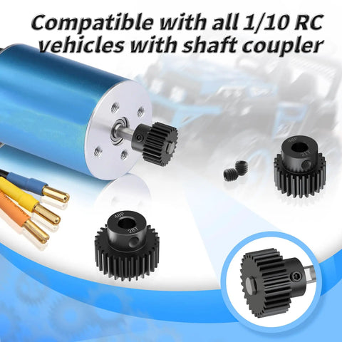 Pinion Gear 48P 20T With 1/8 Inch Shaft Hole For RC Cars And Gearboxes 3.175mm Shaft 11.5mm Diameter 9mm High Built From AISI 1045 Steel With Blackened Finish For Rugged Rust And Wear Resistance, mounted on RC motor shaft