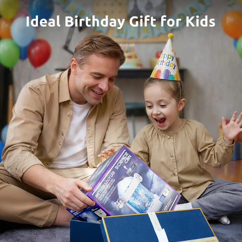 Hands On 3 In 1 Weather Station Toy For Kids Ages 6 To 8, Eight Weather Modes Weather Lab STEM Kit For Curious Young Meteorologists, Kid Approved Fun Educational Science Toy. Birthday gift box with man and child opening weather lab kit