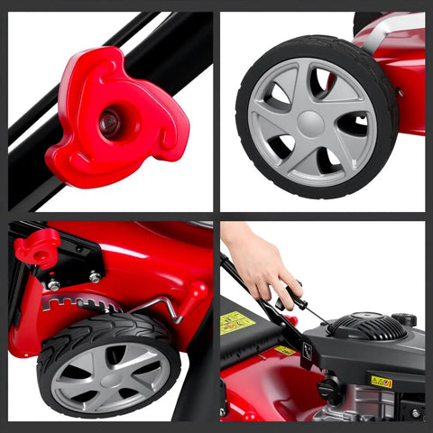 18 Inch Self Propelled Gas Lawn Mower With 131cc DV Engine 8 Cutting Heights Rear Wheel Drive Push Walk Behind 3 In 1 Mulching Side Discharge And Rear Bag Perfect For Yards And Landscaping On Hills And Rough Terrain, red mower wheel and height adjuster