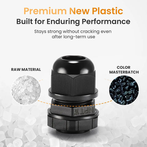 50 Pack One Half Inch NPT Cable Gland Waterproof IP68 Nylon Pass Through Cord Grip Connector Strain Relief Wire Grommet Heavy Duty Sealing