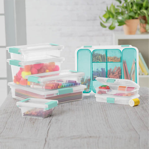 Sixteen Pack Clip Boxes Stackable Clear Plastic Storage Bins With Latching Lids For Crafts Supplies Home Office Classroom And Workshop Organization Medium Containers holding craft supplies on a table