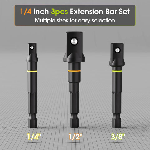 Three Piece Impact Socket Adapter Set For One Quarter Three Eighths And One Half Inch Drives With One Quarter Inch Hex Shank Chrome Vanadium Steel Heavy Duty Extension Bits For Power Drill And Impact Driver, showing 1/4, 3/8, and 1/2 inch sizes on a grid background.