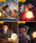 Dope 3D Moon Lamp Upgrade Night Light With 16 LED Colors Wooden Stand displayed in various settings like reading and sleeping.