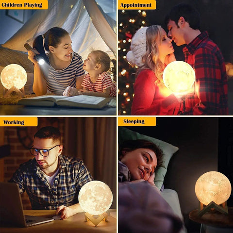 Dope 3D Moon Lamp Upgrade Night Light With 16 LED Colors Wooden Stand displayed in various settings like reading and sleeping.