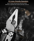 Close-up of 15 In 1 Multitool Pliers With Spring Loaded Head And Thick Hardened Steel Skeleton Handle in open position