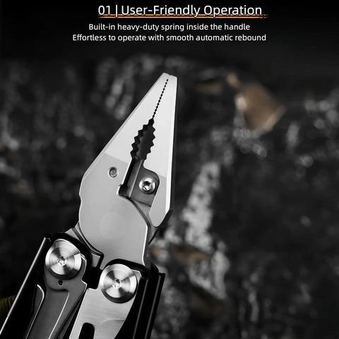 Close-up of 15 In 1 Multitool Pliers With Spring Loaded Head And Thick Hardened Steel Skeleton Handle in open position