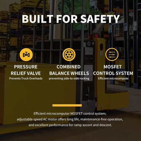 Heavy Duty Electric Ride On Pallet Jack Truck 5500 LB Capacity features pressure relief valve and combined balance wheels for safety.