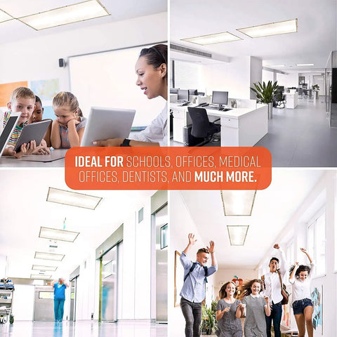 Collage showing Magnetic Fluorescent Light Covers For Classrooms And Offices Five Pack Warm White Filters in various settings.