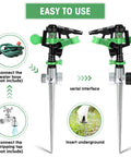 4 Pack 360 Degree Lawn Sprinklers For Yard With Water Stop Rings, shown with installation instructions and adjustable height spikes.