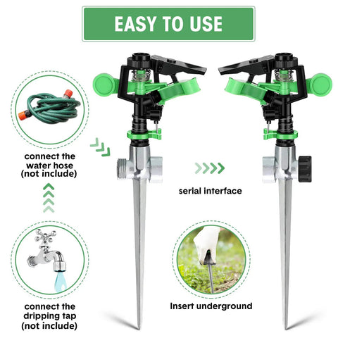 4 Pack 360 Degree Lawn Sprinklers For Yard With Water Stop Rings, shown with installation instructions and adjustable height spikes.