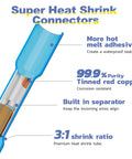 Cutaway view of a blue heat shrink connector showing adhesive lining, tinned red copper core, separator, and shrink ratio.