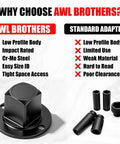 Low Profile Impact Socket Adapter Set For Tight Spaces With Cr Mo Steel Ratchet Converters to go from 1/4 in to 3/8 in, 3/8 in to 1/2 in, 1/2 in to 3/4 in and 3/4 in to 1 inch Like A Total Boss. infographic comparing low profile adapters and standard adapters
