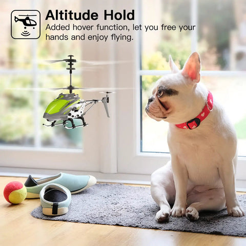 Mini RC Helicopter With Gyro And Altitude Hold hovering indoors near a dog, highlighting the smooth indoor hover function.