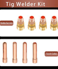 Pro TIG Welder Kit 22 Piece Set With Stubby Gas Lens And Clear Glass Cups For WP 17 18 26 showing stubby gas lens and torch collet.