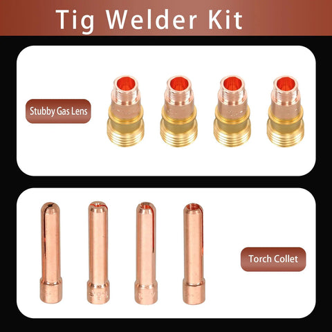 Pro TIG Welder Kit 22 Piece Set With Stubby Gas Lens And Clear Glass Cups For WP 17 18 26 showing stubby gas lens and torch collet.