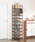 Tall Ten Tier Shoe Rack Holds Twenty Five Pairs Narrow Boot Organizer With Hook Hangers Sturdy Entryway Storage Shelf Slick Black Design displaying multiple shoes and handbag.