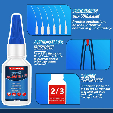 Clear Glass Glue For Repair And Bonding, Heavy Duty Adhesive For Glass, Mirror And Acrylic, Waterproof, Heat Resistant, Anti Clog Cap, 30 Gram Pack with precision nozzle and anti-clog design.