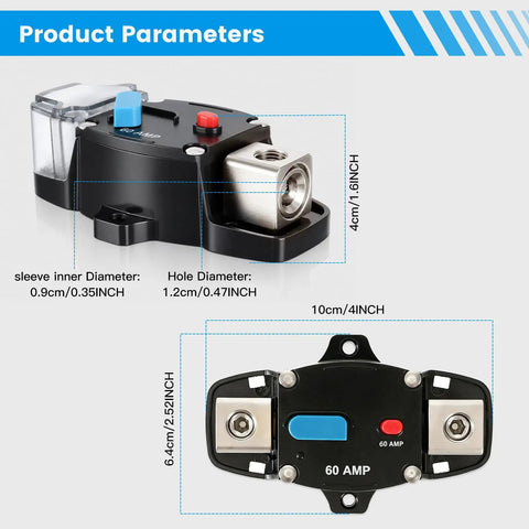 Heavy Duty 200A Dc Circuit Breaker Battery Disconnect Switch Quick Manual Reset showing dimensions and design for 12V to 24V systems.