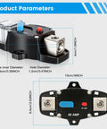 Beefy 300 Amp Marine Circuit Breaker For Boat Trolling Motor And Atv DC 12V to 48V IP67 sealed switch with detailed size measurements.