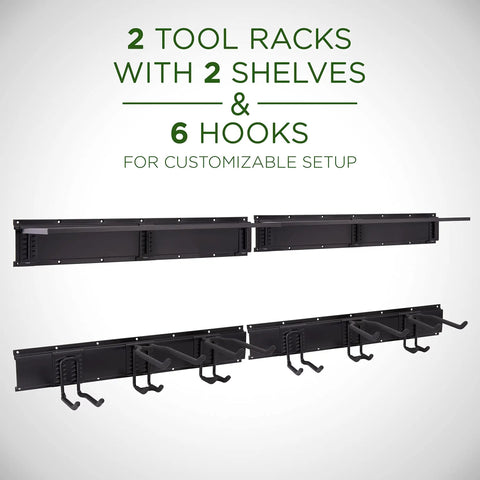 Garage Tool Storage Rack 12 Piece With Wall Shelf And Heavy Duty Hanger System For Power Tools, Mops, Garden Tools, Rakes, Shovels, Bikes And More - Wall Mounted Metal Organizer For A Clutter Free Workshop