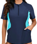 Women's Half Zip Rash Guard Top With Built In Bra For Support And Convenience Side Pockets For Small Essentials Quick Dry Moisture Wicking Fabric UPF50 Plus Sun Protection Navy Light Blue Color Size M All Day Comfort