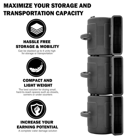 Three stacked Quarter Horsepower 1000 CFM Air Movers with safety circuit breaker, showcasing compact design and storage benefits, black finish.