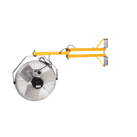 Relentless Warehouse Workhorse Loading Dock Wall Mount Air Circulator With 40 Inch Reach dual steel tubing and 18 inch fan head, mounted on wall.