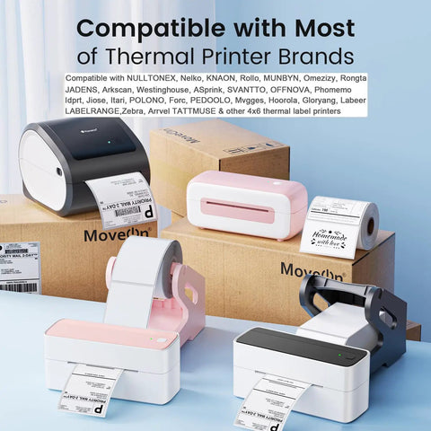 Various thermal printers displaying 4x3 Inch Thermal Label Roll For Small Business, Waterproof Shipping Labels For Thermal Printers.