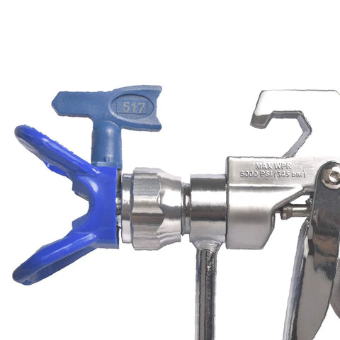 Close-up of Professional Airless Paint Spray Gun Forged From Tough Aluminum And Equipped With A Blue 517 Tip for accuracy.