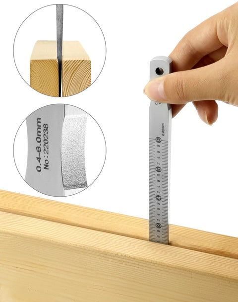 QWORK taper gap gauge, front view; 0.4–6 mm, carbon steel with chrome plating; measures gaps in wood.