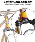 Close-up of yellow bike fork with Hidden AirTag Bike Mount For Forks With Anti Theft Protection Waterproof Aluminum Bicycle Holder