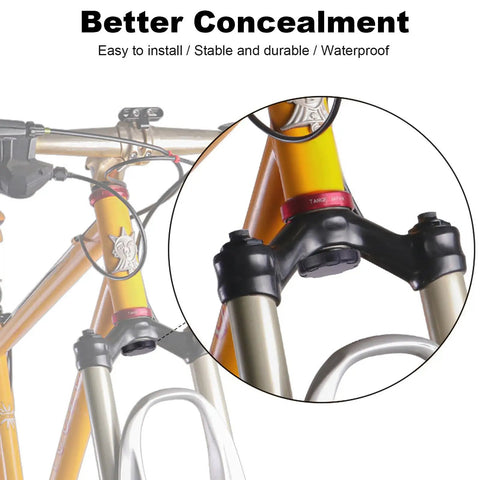 Close-up of yellow bike fork with Hidden AirTag Bike Mount For Forks With Anti Theft Protection Waterproof Aluminum Bicycle Holder