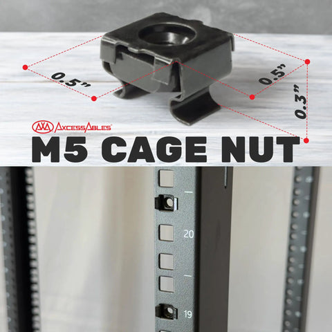 Bulletproof M5 Cage Nuts And Screws Pack With Washers For Quick Square Hole Rack Mount Hardware Upgrade On Server Cabinets Router Stands And Av Studio Racks featuring M5 cage nut dimensions 0.5 and 0.3 inches.
