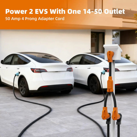 Heavy Duty 50 Amp RV EV Power Splitter Adapter Cord transforms one NEMA 14-50P plug into dual 14-50R outlets at EV charging station.