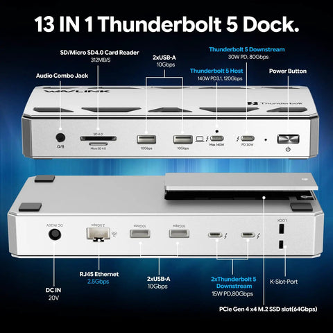 Thunderbolt 5 Docking Station With NVMe M.2 SSD Slot And 140W Power Delivery showing multiple connectivity ports and card reader.