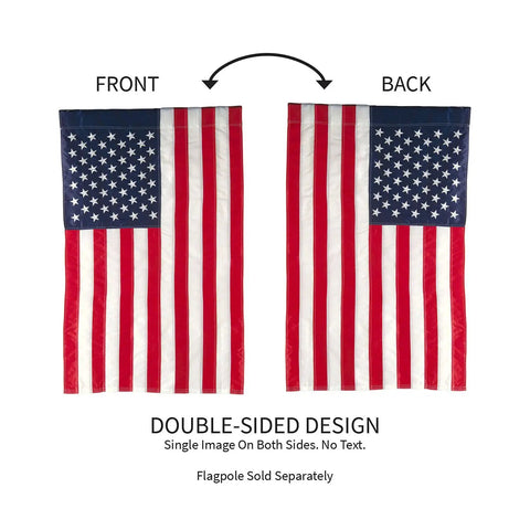 12x18 Double Sided All American Flag For Outdoors Patriotic Garden Flag With Embroidered Stars And Stripes Weatherproof Nylon Waterproof Ideal For Home Or Commercial Displays USA Pride, showing front and back design.