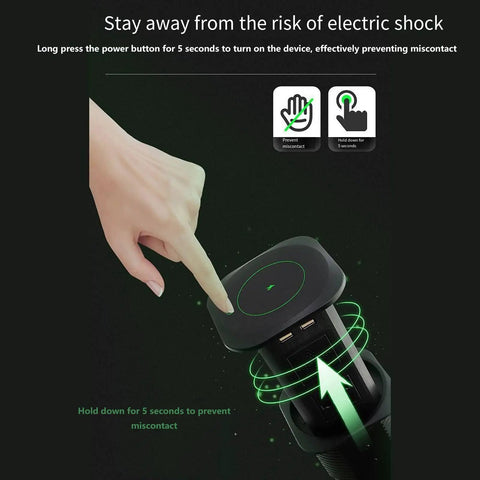 Solid Build Automatic Pop Up Power Strip With Quick Wireless Charging Pad Waterproof Hidden Under Desk Surge Protector showing touch control.