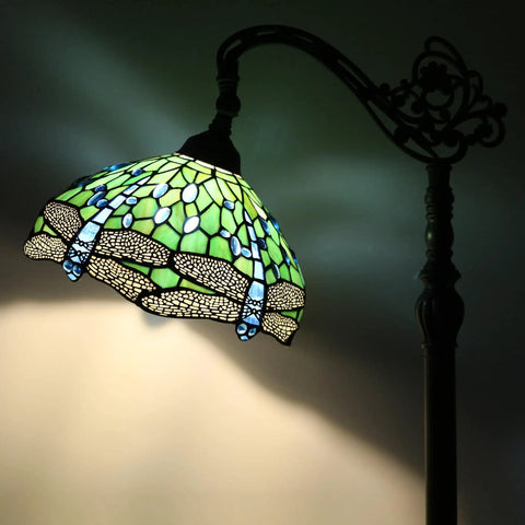 Stained Glass Tiffany Floor Lamp With Arched Gooseneck Adjustable Angle Reading Light in Green Dragonfly Glass Bronze Base