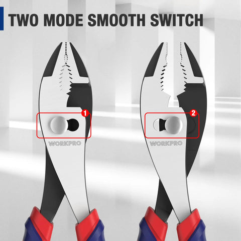 8 Inch Slip Joint Pliers With Large Soft Grip And Rust Prevention Finish For Heavy Duty Grip, close-up view of pliers' jaws and button