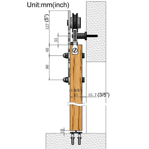 Double Sliding Barn Door Hardware Track Kit In Black Steel For Closet And Interior Doors, showing side installation view